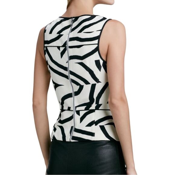 TIBI Zebra Print Wool Silk Blend Sleeveless Cream Black Abstract Peplum Top 2 - Picture 2 of 9